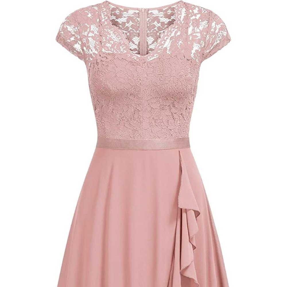 Miusol Women's V Neck Elegant Lace Ruffle Bridesmaid Maxi Dress- Pink Large